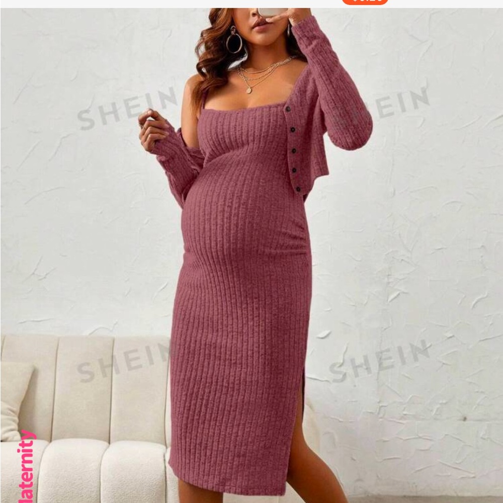 SHEIN Pink Ribbed Maternity dress with sweater